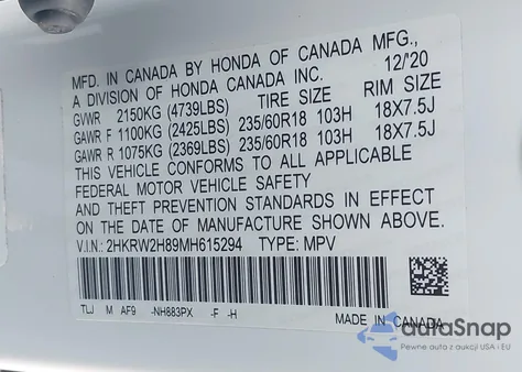 2021 Honda Cr-V Awd Ex-L z USA, uszkodzony, nr VIN 2HKRW2H89MH615294